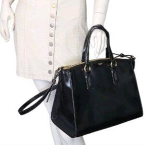 LRL RALPH LAUREN GLAZED LEATHER SATCHEL HAND BAG with GOLD Logo HARDWARE